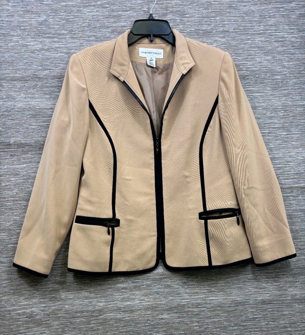 Jones New York Suit Open Front Blazer Womens Size 12 Beige Cream Black Trim